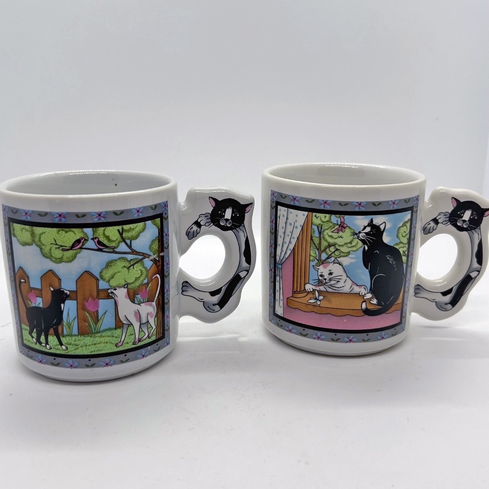 Set of 2 vintage cat handle mugs Cat Coffee Mugs '80's